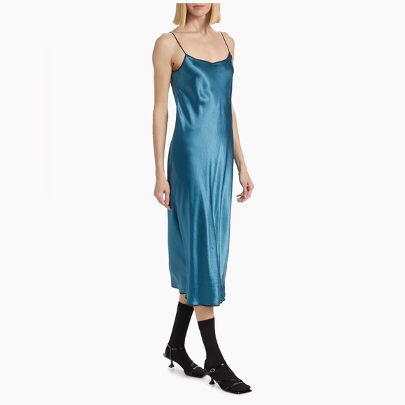 NEW Vince Satin Slip Midi Dress Lake Blue Size Small Metallic NWT - Picture 1 of 8